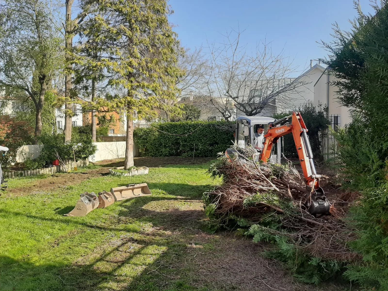 Mini-pelle arrachant les souches d’une haie au fond d’un jardin, chantier de L.N.C.J élagage
